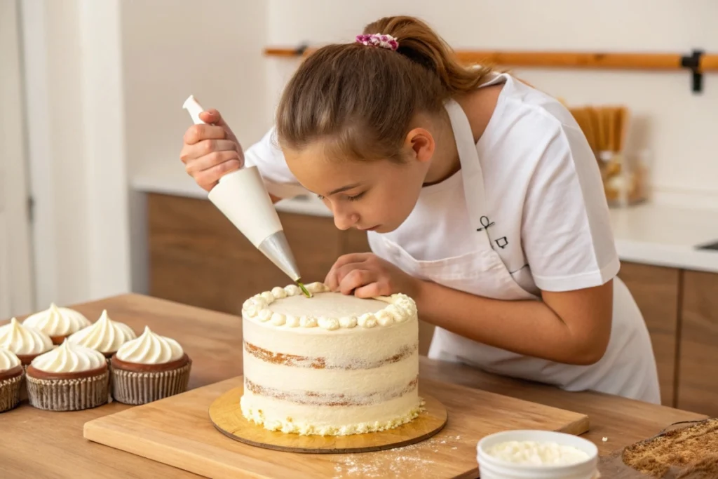 a baker applying frosting to a perfectly layered cake, emphasizing smooth and even decoration techniques.