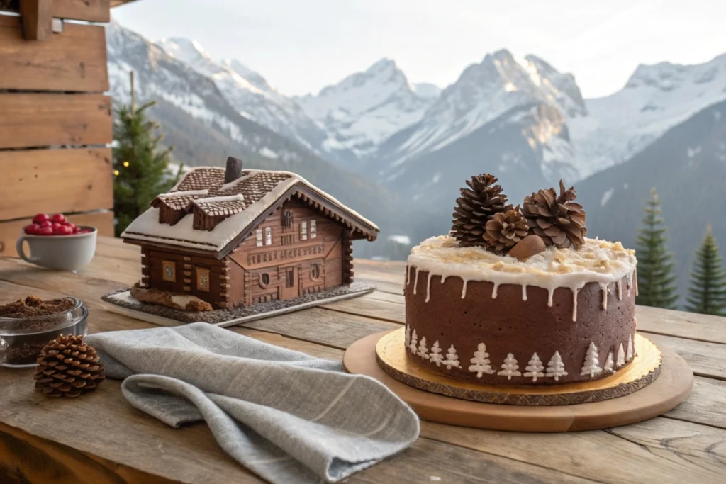 A close-up of a Swiss Chocolate Chalet Cake, with rich chocolate layers and a glossy ganache finish.