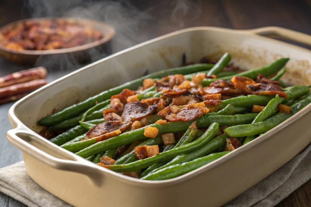 A casserole dish of crack green beans fresh out of the oven, with caramelized glaze and crispy bacon