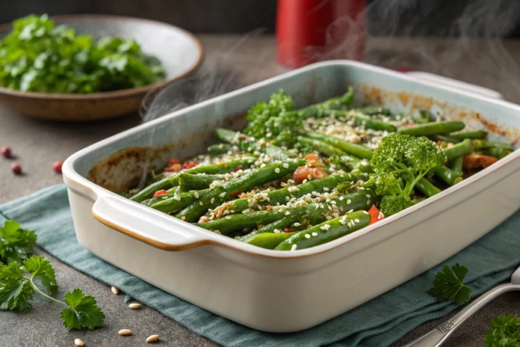 A casserole dish of crack green beans garnished with parsley and sesame seeds, fresh out of the oven.