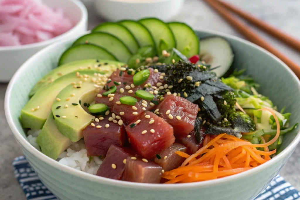 A close-up of a beautifully assembled ahi tuna poke bowl with layers of colorful toppings