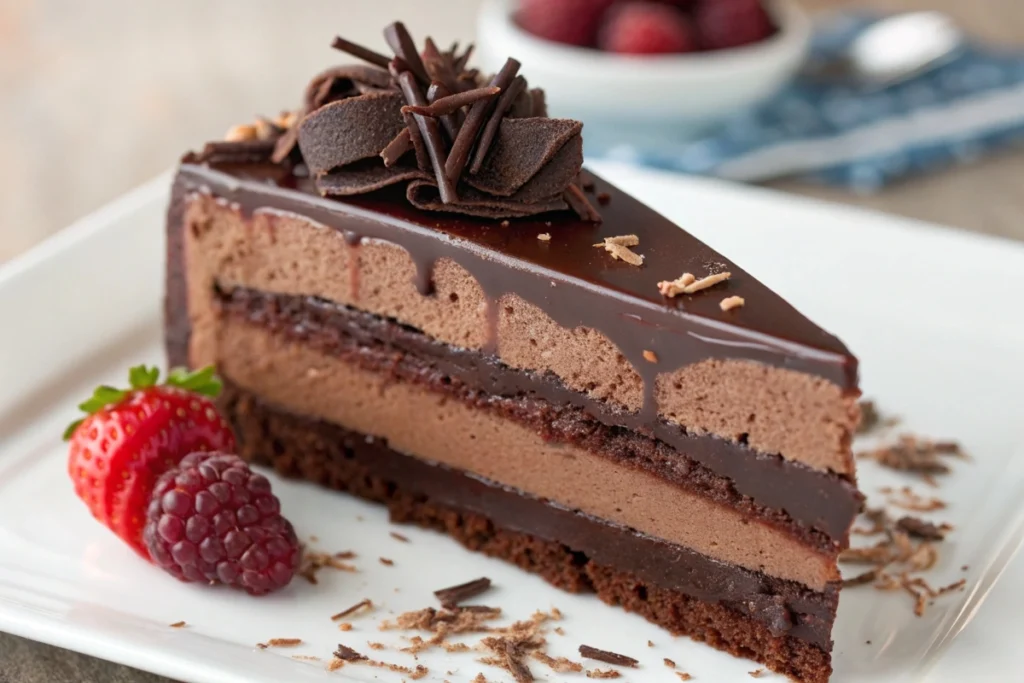 A close-up of a chocolate cake slice featuring mousse and ganache fillings.
Description: A beautifully layered chocolate cake showcasing airy mousse and glossy ganache between moist layers.