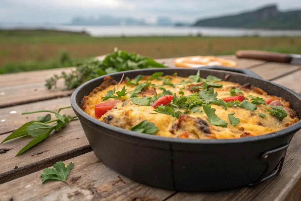 Dutch oven breakfast casserole served at a campsite.