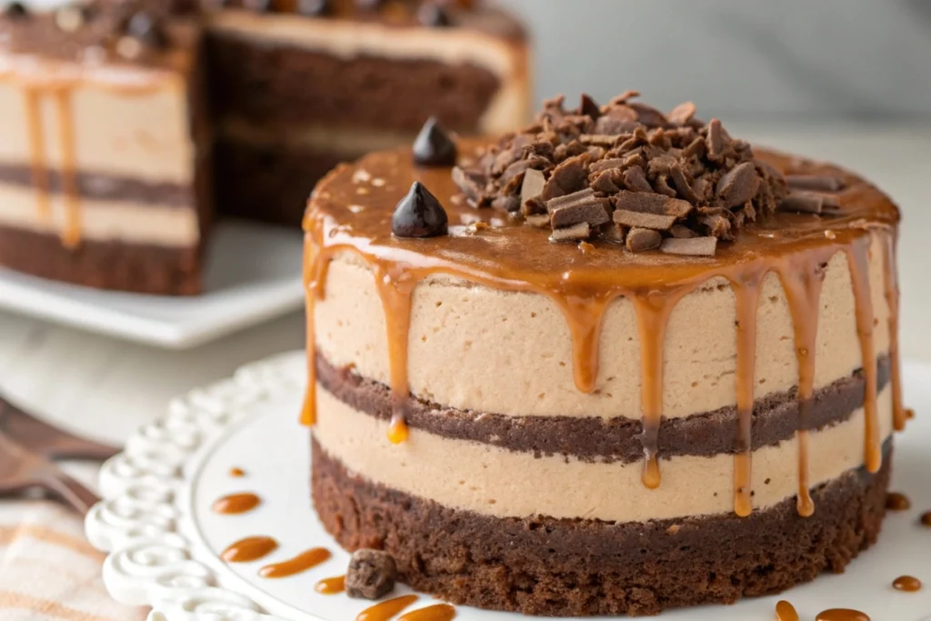 A decadent chocolate cake showcasing mousse and caramel filling layers.