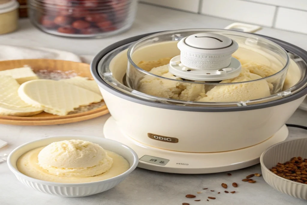 A Dash ice cream maker in action, with a close-up of its cooling bowl churning a creamy ice cream base
