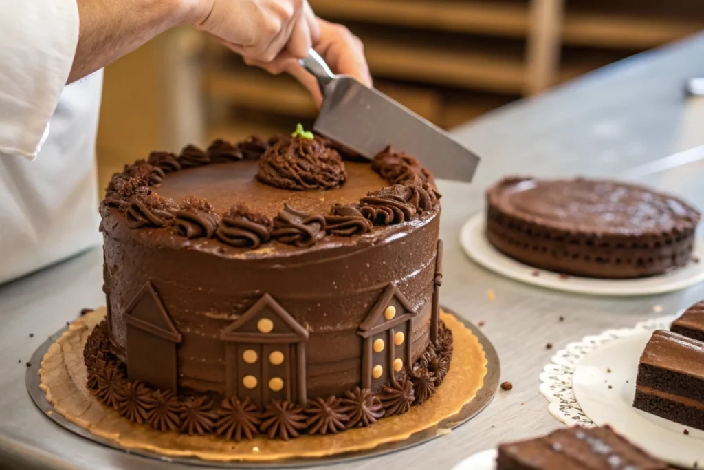 A baker smoothing frosting onto the layered Swiss Chocolate Chalet Cake.