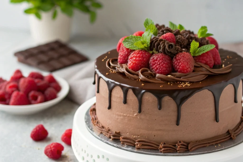 A beautifully decorated chocolate cake with ganache and berry accents.