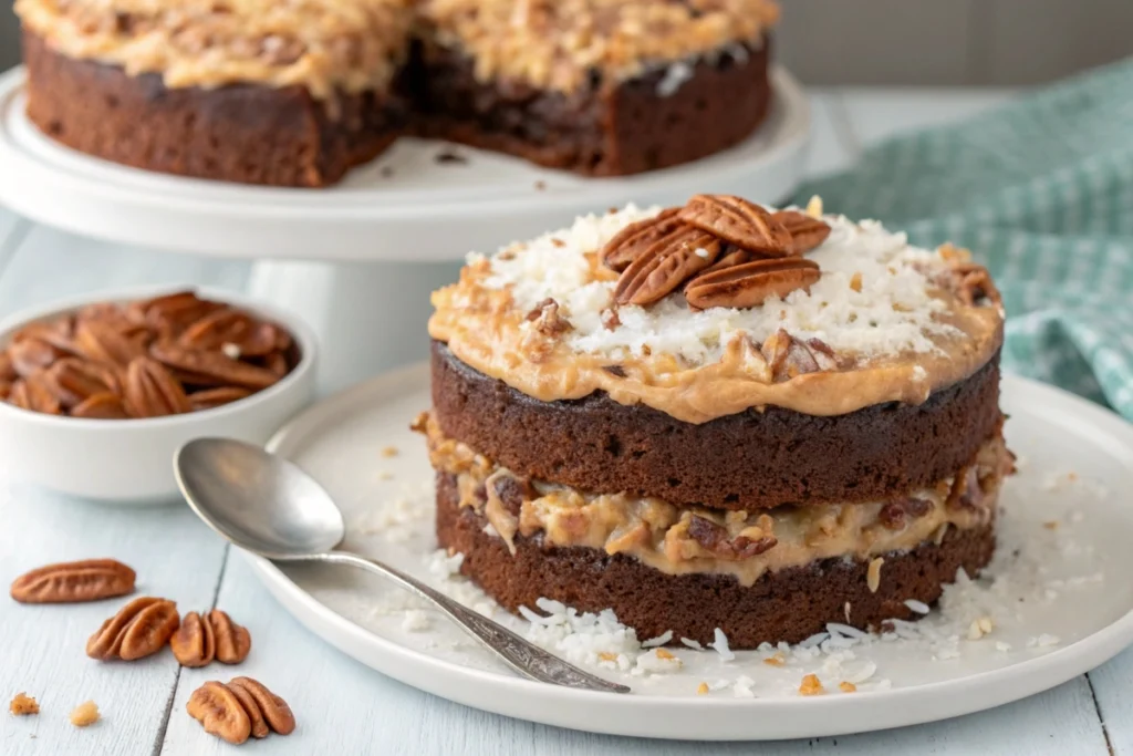 A German Chocolate Poke Cake being garnished with toasted pecans and shredded coconut.