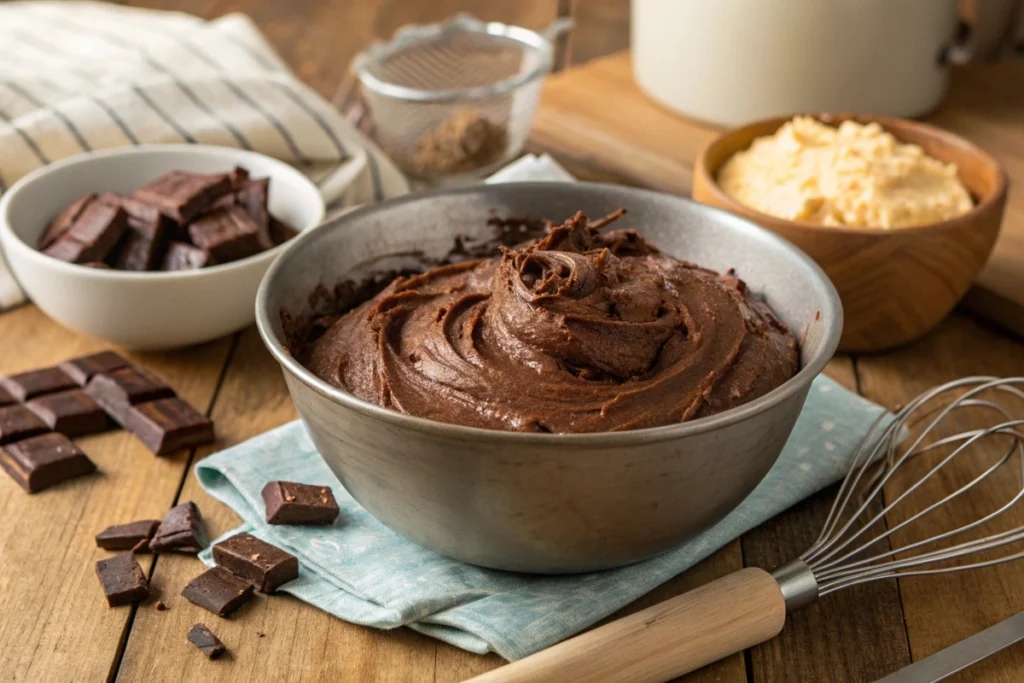 A mixing bowl filled with Swiss Chocolate Chalet Cake batter, ready to be poured into pans.