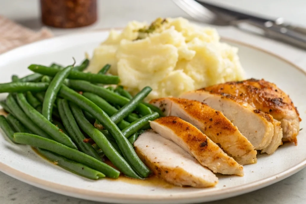A plate featuring crack green beans served with roasted chicken and mashed potatoes)