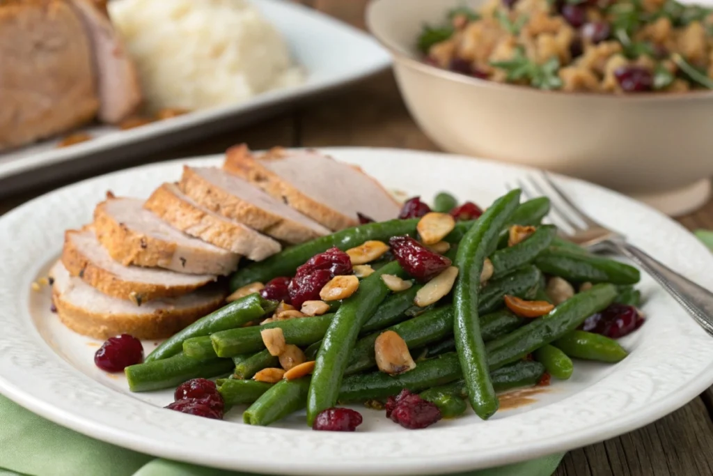 A plated serving of crack green beans with dried cranberries and almonds, alongside roast turkey and stuffing.