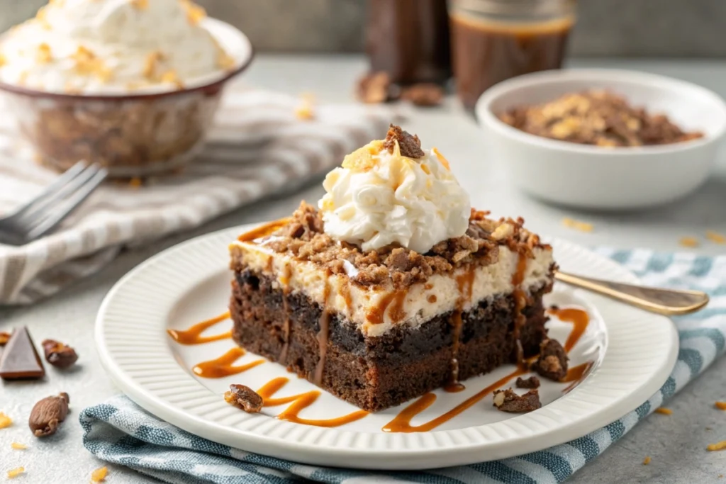 A plated slice of German Chocolate Poke Cake with whipped cream and a drizzle of caramel.