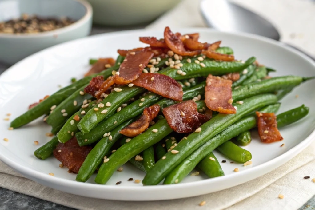 A serving of crack green beans garnished with crispy bacon and sesame seeds