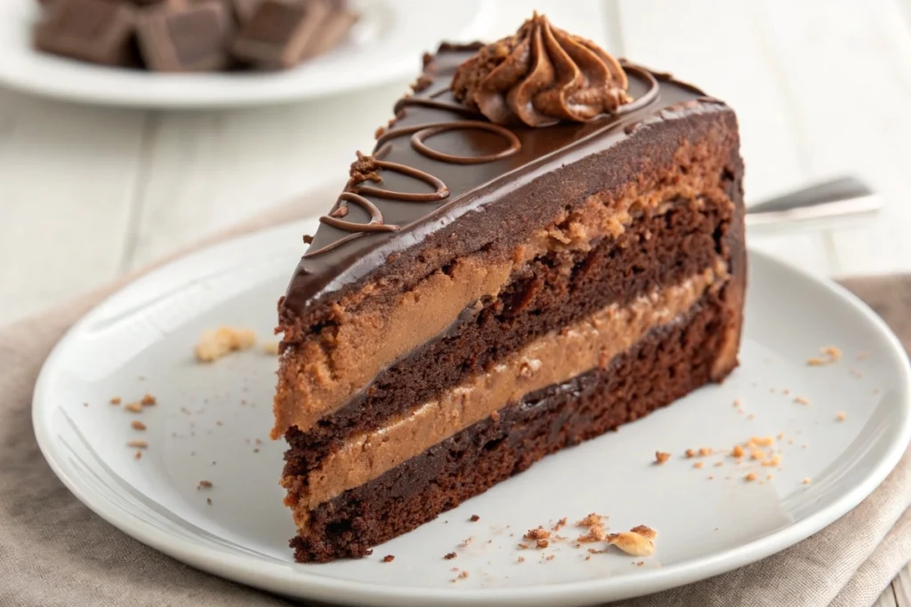 A slice of Swiss Chocolate Chalet Cake with layers of frosting and rich ganache topping.