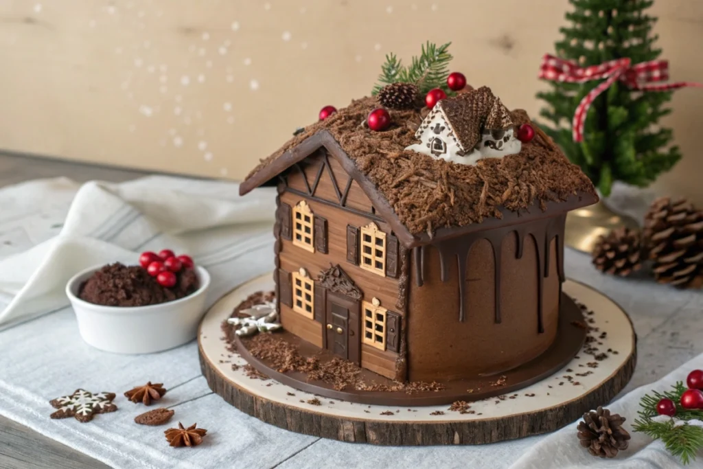 A fully decorated Swiss Chocolate Chalet Cake with chocolate shavings and ganache drips.