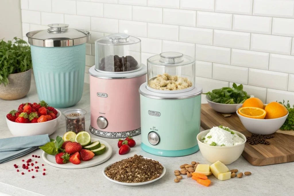 A variety of ByDash kitchen appliances, including the Dash ice cream maker, arranged attractively with vibrant ingredients.