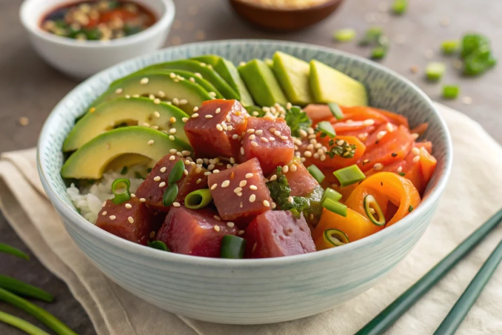 A vibrant ahi tuna poke bowl, garnished with avocado slices, sesame seeds, and scallions