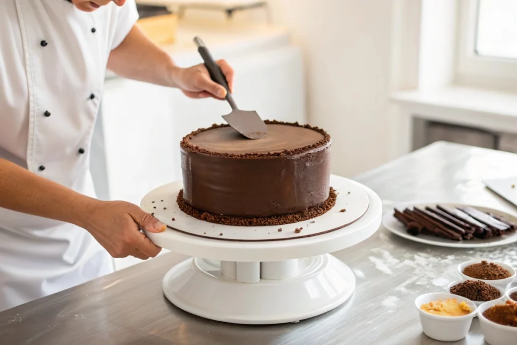 A baker carefully applying chocolate mousse to create a perfectly even layer.