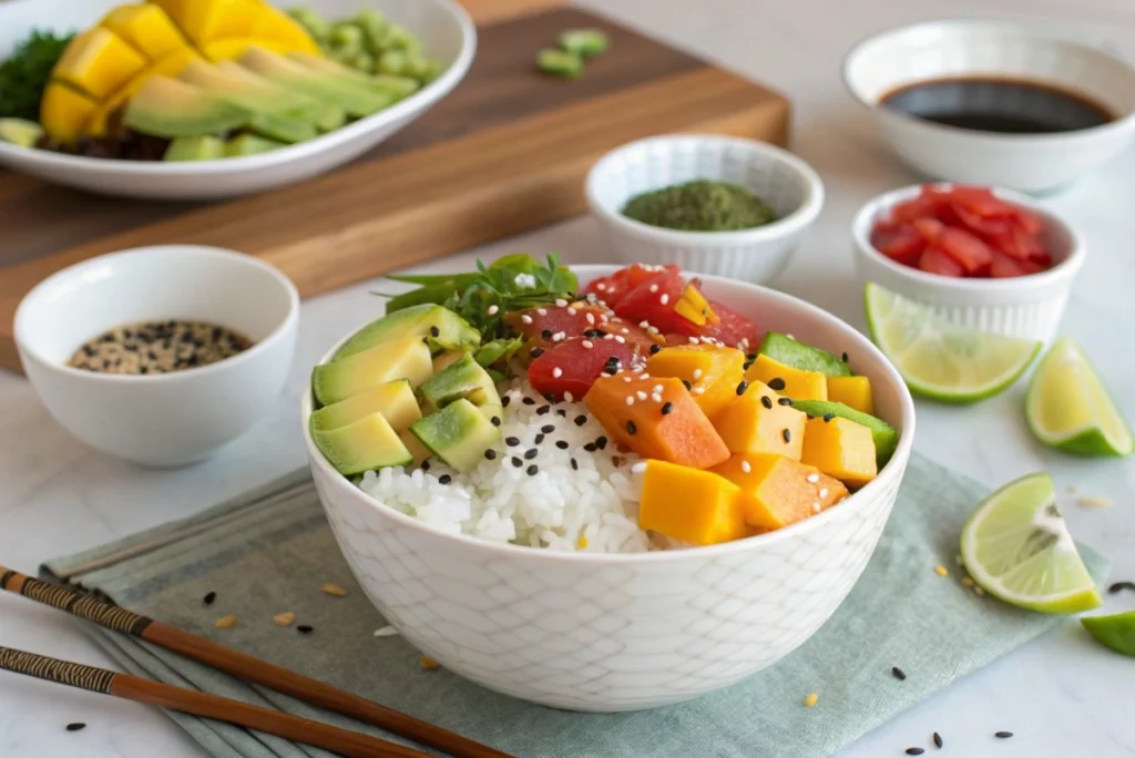 An in-progress poke bowl assembly with vibrant toppings like mango, avocado, and sesame seeds