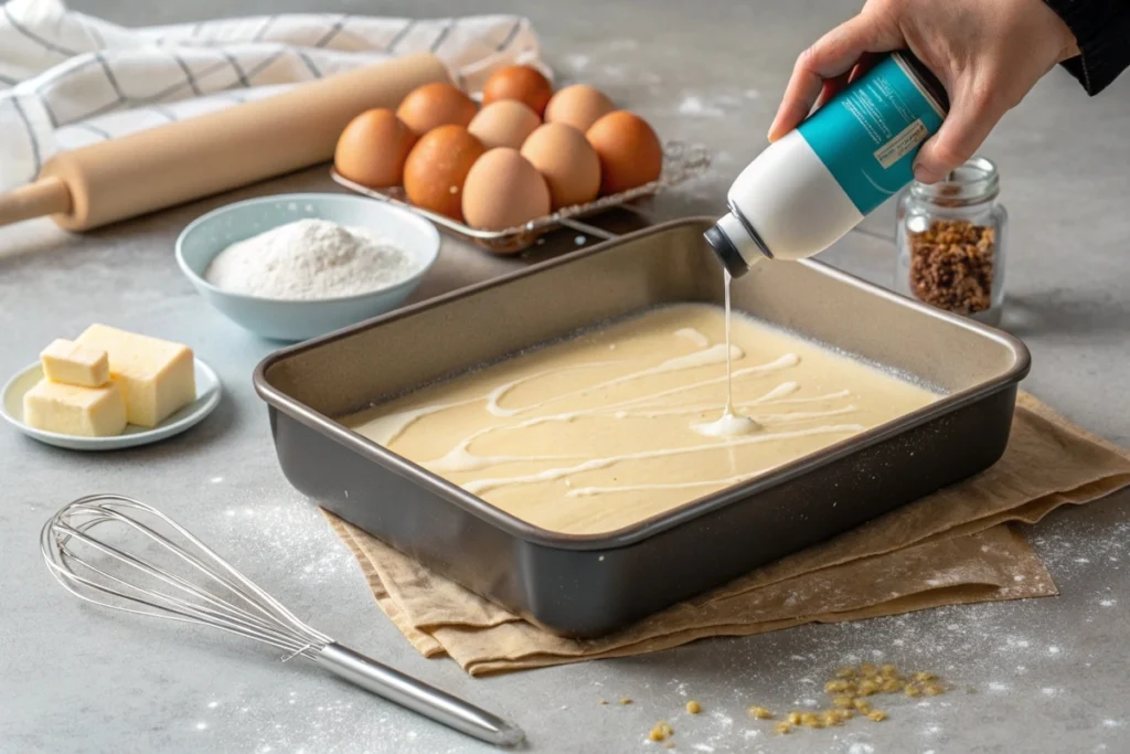 A baking dish being greased with nonstick spray to prepare for the cake batter.