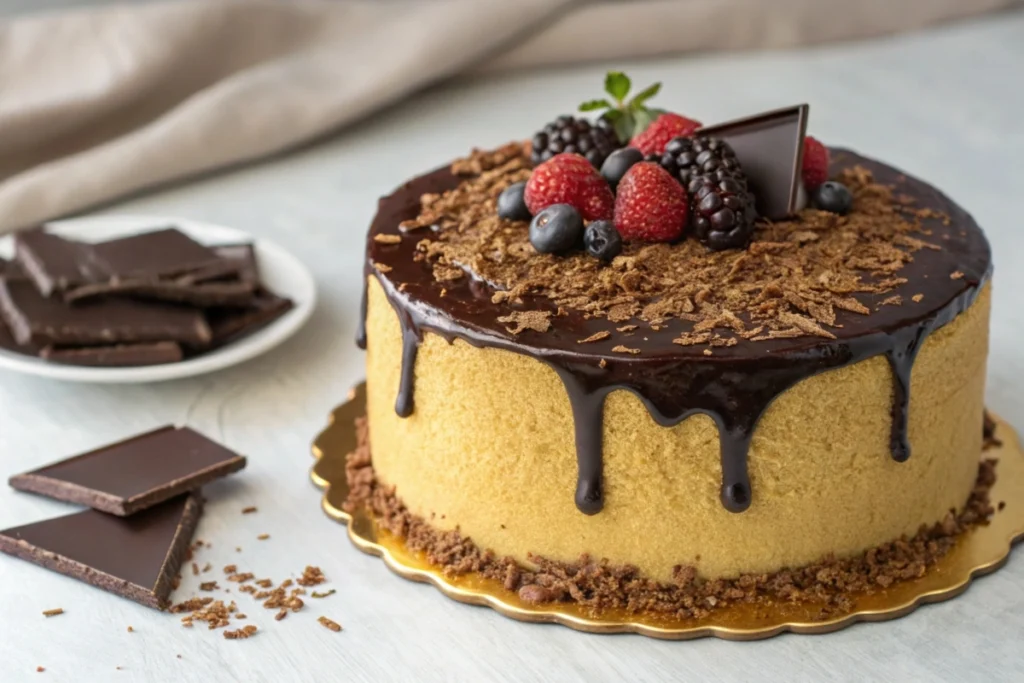 beautifully baked golden chocolate cake in all its glory.