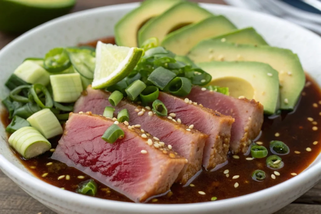 Close-up of ahi tuna marinating in a soy-based sauce, surrounded by freshly prepared toppings