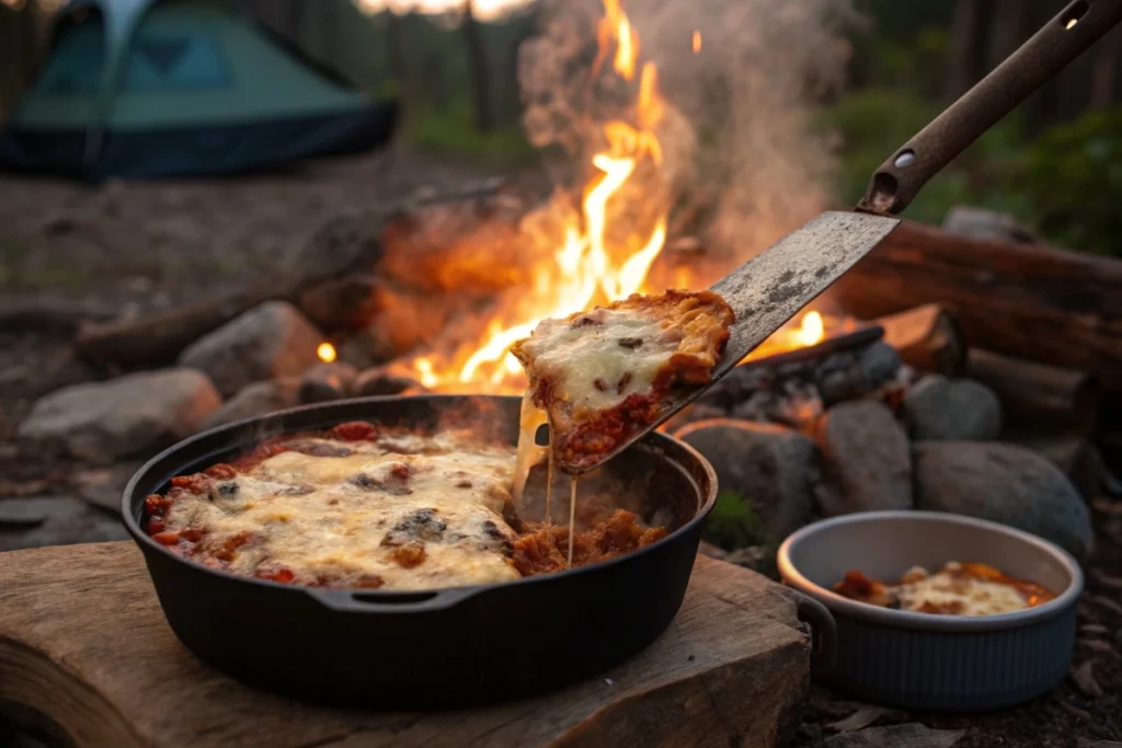 Dutch oven lasagna served fresh by the campfire