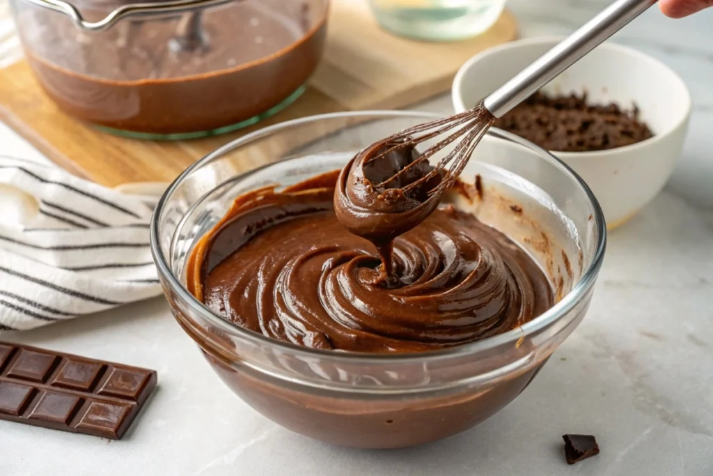 ganache being stirred in a glassB bowl description