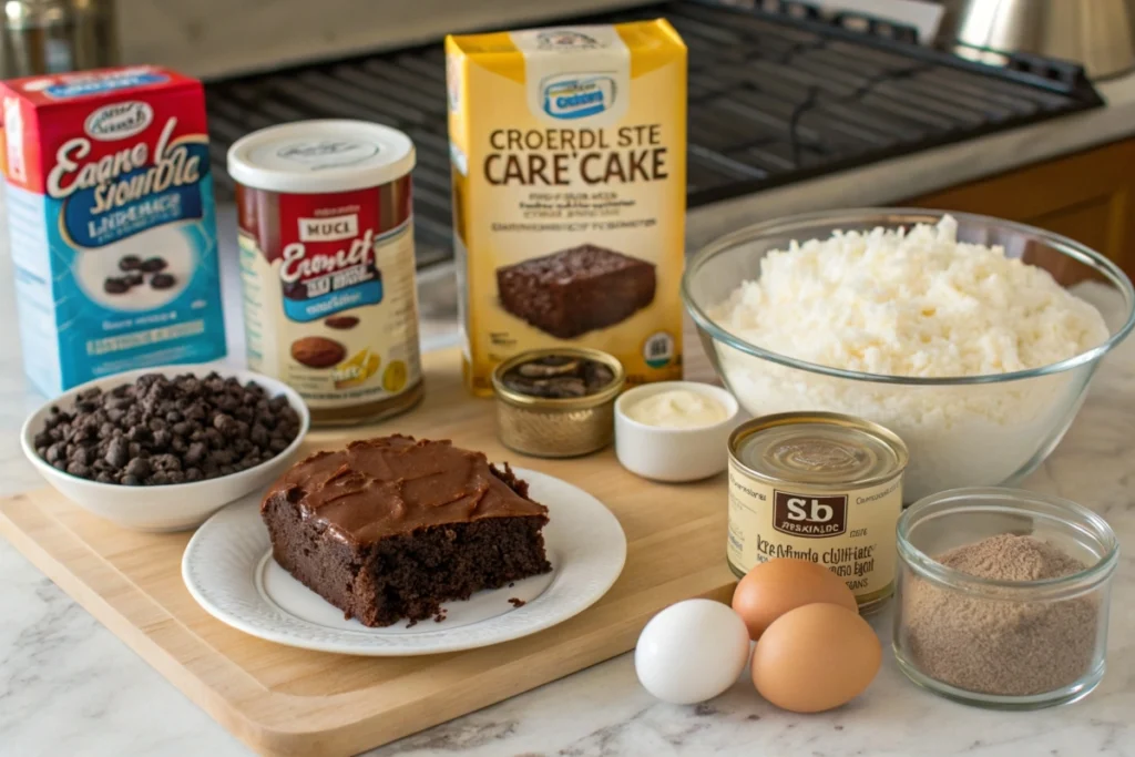 Ingredients for a German Chocolate Poke Cake laid out on a kitchen counter