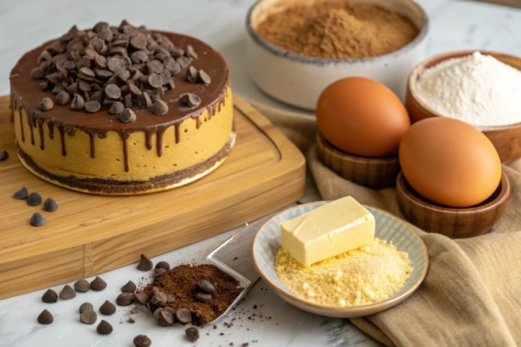 key ingredients, highlighting the rich golden chocolate and other elements that make this cake special