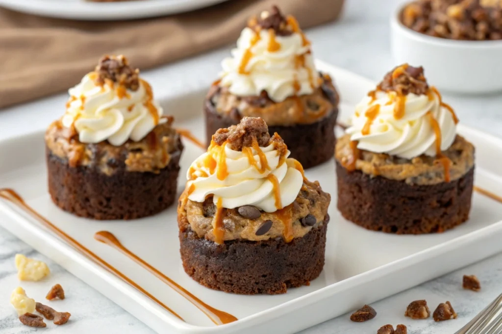 Mini German Chocolate Poke Cakes served with whipped cream and caramel drizzle