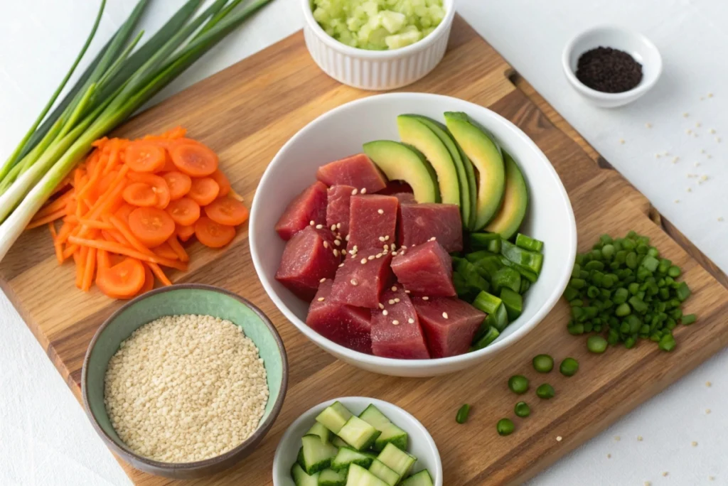 Neatly arranged ingredients for ahi tuna poke bowl preparation