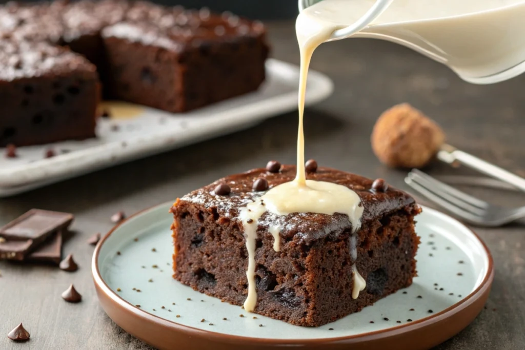 Sweetened condensed milk being poured over a chocolate poke cake.