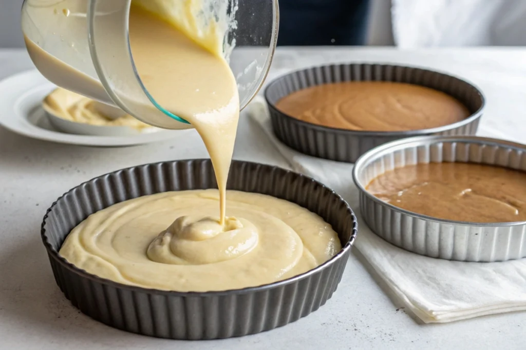 the batter being poured into a cake pan, emphasizing proper technique.