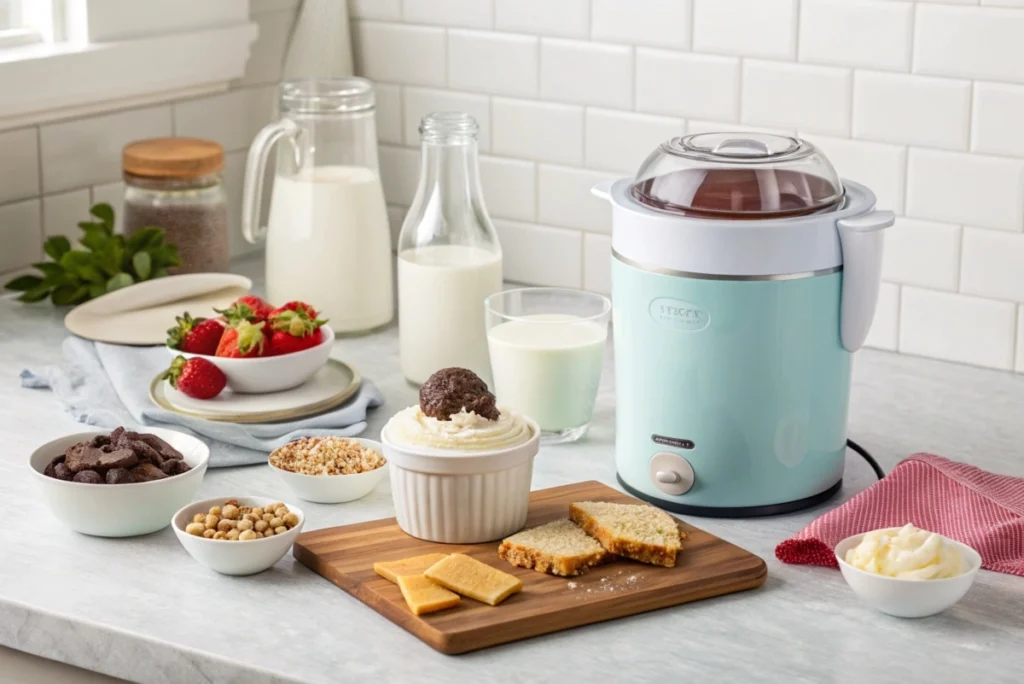 The Dash My Mug ice cream maker on a kitchen countertop, surrounded by ingredients like milk, sugar, and vanilla extract.