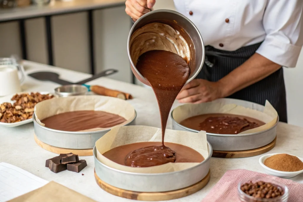 A baker carefully pouring smooth chocolate batter into two round cake pans lined with parchment paper.