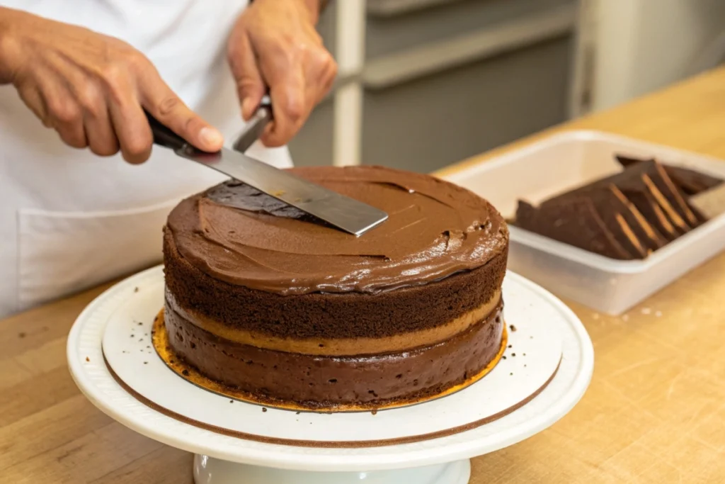 A baker spreading chocolate frosting on a layer cake with an offset spatula, creating smooth edges.