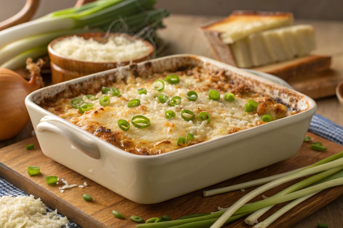 a-baking-dish-of-french-onion-soup-rice-with-golde A baking dish of French Onion Soup Rice with golden, crispy edges