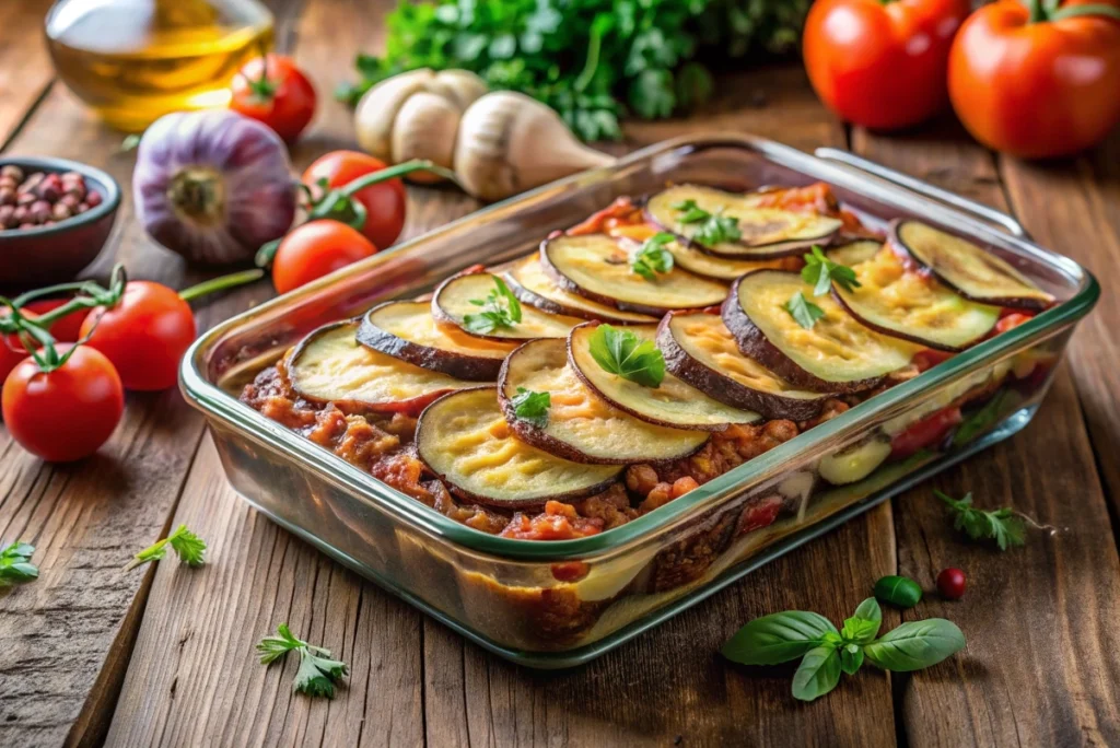 A baking dish with moussaka layers being assembled in a rustic kitchen
