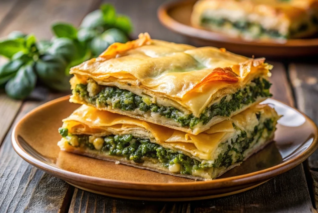 A beautifully baked spanakopita with flaky, golden phyllo layers served on a plate