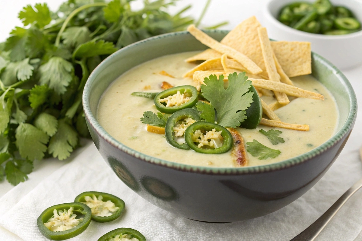 a-beautifully-garnished-bowl-of-cream-of-jalape-o- A pot of creamy jalapeño soup being stirred, showcasing its smooth and velvety texture.