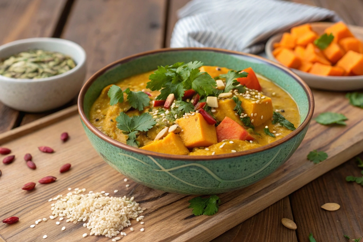 a-beautifully-plated-kabocha-curry-bowl-with-vibra A beautifully plated kabocha curry bowl with vibrant garnishes on a rustic wooden table.