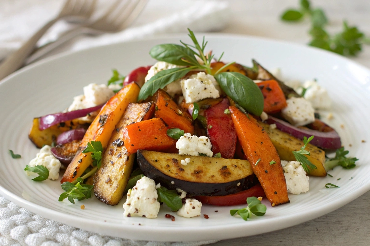 a-beautifully-plated-salad-featuring-roasted-veget A beautifully plated salad featuring roasted vegetables, goat cheese, and a sprinkle of fresh herbs.