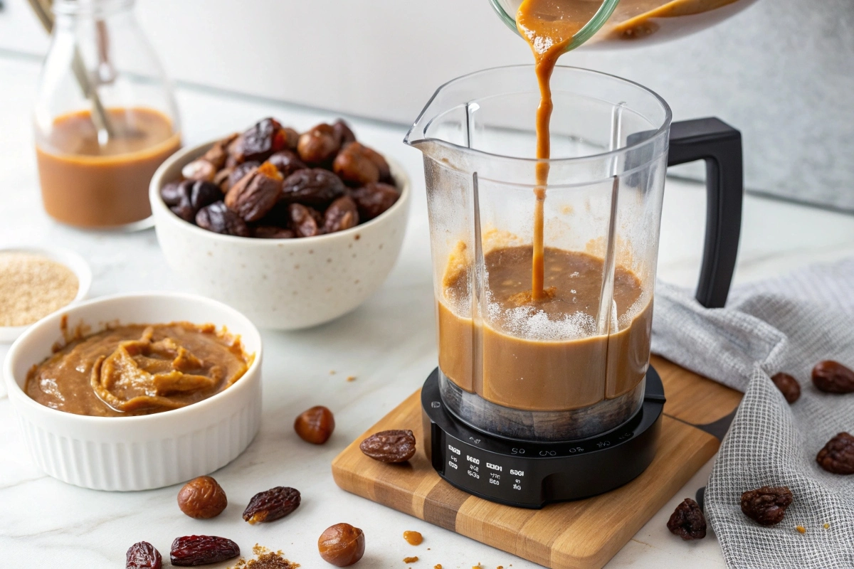 a-blender-mid-process--showing-the-transformation- A blender mid-process, showing the transformation of dates and coconut milk into a smooth caramel sauce.