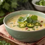 A bowl of creamy jalapeño soup with a garnish of fresh cilantro and thinly sliced jalapeños.