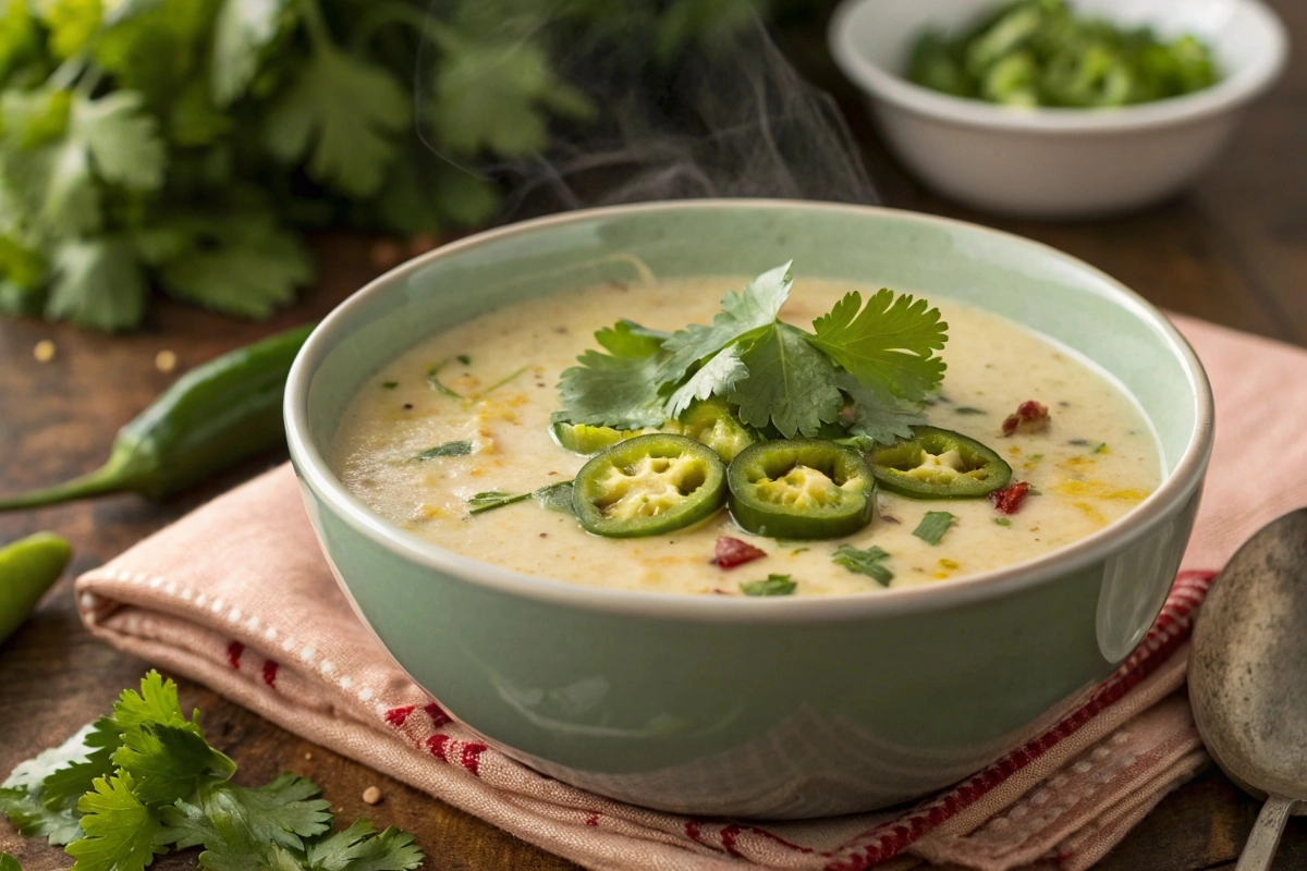 a-bowl-of-creamy-jalape-o-soup-with-a-garnish-of-f A bowl of creamy jalapeño soup with a garnish of fresh cilantro and thinly sliced jalapeños.
