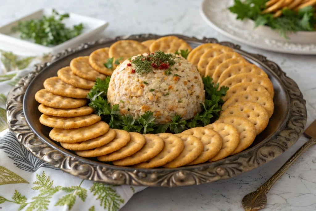 A Braunschweiger cheese ball surrounded by crackers and garnishes on a decorative platter