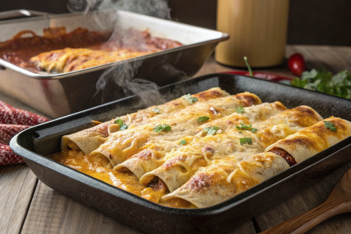a-bubbling-tray-of-enchiladas-with-perfectly-melte A bubbling tray of enchiladas with perfectly melted cheese emerging from the oven.