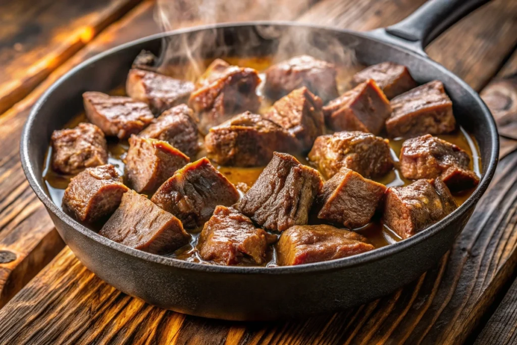 A cast-iron skillet with browned beef chunks searing to a golden-brown crust, releasing aromatic steam, before being transferred to a slow cooker