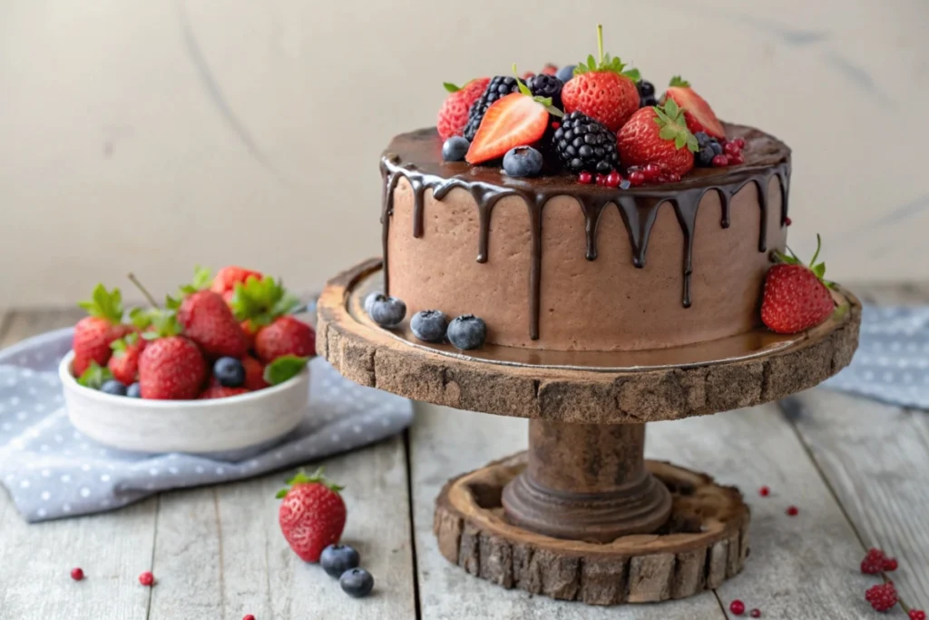 A chocolate birthday cake with ganache drips and fresh berries, elegantly displayed on a rustic cake stand.